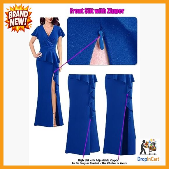 Ruched Wrap V Neck Ruffle Peplum Maxi Dress Formal Evening Gown High Slit - Picture 5 of 7